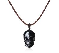 COAI Collana da Uomo in Vera Pelle Italiana con Pendente Teschio in Ossidiana Nera, Collana Gotica da Uomo Pietre Naturali