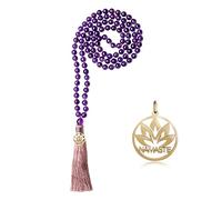COAI Collana Mala 108 Grani di Pietra Dura Ametista con Nappa Rosa e Amuleto Namaste Fiore di Loto per Uomo e Donna
