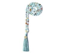 COAI Collana Rosario Buddista con 108 Perle Mala in Amazzonite Liscia con Nappa Azzurra e Amuleto OM, 6mm