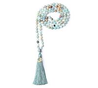 COAI Collana Rosario Buddista Unisex con 108 Perle Mala in Amazzonite con Nappa Azzurra e Amuleto Om 8mm