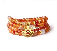 COAI Collana Rosario Mala 108 Grani di Pietre Dure Semipreziose Agata Arancione con Ciondolo Fiore di Loto