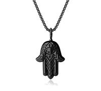 COAI Collana Unisex in Acciaio Inox con Ciondolo Mano di Fatima in Ossidiana, Collana Ossidiana da Uomo e da Donna con Ciondolo Portafortuna Mano Hamsa