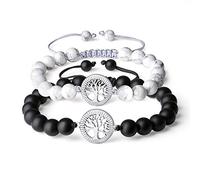 COAI Coppia di Bracciali della Distanza in Onice e Howlite con Amuleto Albero della Vita in Acciaio Inox