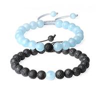 COAI Coppia di Due Bracciali della Distanza per Lui e per Lei Regolabili con Perle Benefiche Naturali in Acquamarina e Pietra Lavica
