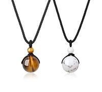COAI Coppia di Pendenti Sfera in Occhio di Tigre e Howlite, Collane Pendenti Laccio Regolabile per Innamorati