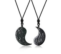 COAI Coppia Pendenti per Lui e per Lei in Ossidiana con Drago e Fenice Intarsiati, Coppia Collane Pendenti Yin Yang con Laccio Regolabile