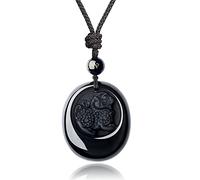 COAI Pendente Portafortuna curativo e Protettivo in Pietra Semi-preziosa Ovale con Pixiu Decorato in Rilievo in Ossidiana Nera, Collana Laccio Regolabile