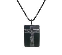 COAI Pendente Targa Rettangolare in Ossidiana Croce Cristiana Intarsiata