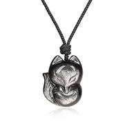 COAI Pendente Volpe in Ossidiana Argento, Collana Pendente da Donna e da Uomo con Laccio Regolabile e Pendente in Pietre Naturali