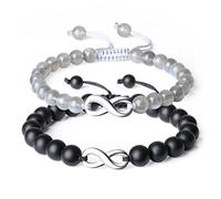 COAI Set Coppia Bracciali Infinity per Lui e per Lei di Ispirazione Shamballa in Onice Opaca e Labradorite, Bracciali della Distanza Regolabili