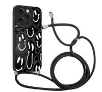 Coalbooliy Custodia con Cordino per iPhone 16 Pro 6,3" Cover del Modello Sorriso Nero con Laccio Collana Morbido TPU Bumper Silicone Antiurto Protettivo Case Regolabile Cellulare Girocollo, 08