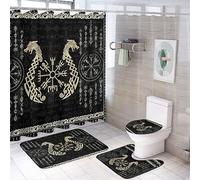 COALHO Norse Vikings, set decorativo per il bagno, 4 pezzi, motivo astratto, drago, simbolo mistico, bussola, tenda da doccia con tappeto, 12 ganci, 183 x 183 cm