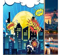 COALHO Pellicola oscurante per finestra a tema supereroe fumetti per ragazzi, luna, città, notte, edifici, scena, decorazione, riutilizzabile, autoadesiva, isolante, per finestre, 90 x 200 cm x 1