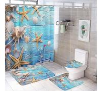 COALHO Set decorativo da bagno in legno con stella marina oceanica in legno 4 pezzi blu acquerello nautico conchiglia costiera tappetino doccia tenda da doccia con tappeto 12 ganci, 183 x 183 cm