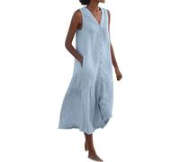 COALHO Spring Summer Sleeveless Cotton Linen Dress Summer Dresses for Women Sleeveless Pockets Vacation Maxi Dresses (Light Blue,XL)