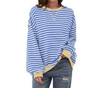 COALHO Women Striped Color Block Oversized Sweatshirt Crew Neck Long Sleeve Shirt Pullover Top Casual Loose Fit Sweater (Blue Apricot,S)