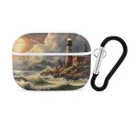 Coast Wave and Lighthouse AirPods Pro 2 custodia protettiva antiurto rigida per uomo e donna, compatibile con AirPod Pro custodia di 2a/1a generazione con portachiavi - bianco