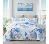 Coastal Bedding, trapunta per letto king size con 2 federe, set copriletto da spiaggia nautico con oceano blu stelle marine, copriletto estivo, 240 x 260 cm