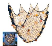 Coastal Fishing Net Wall Hanging with Fairy Lights, Nautical Beach Wall Hanging with LED String Lights, Seashell & Starfish Ocean Decor for Living Room Bedroom Entryway,Warm Porch