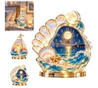 Coastal Glow Crystal Clock Collection Decorative（Shell） | Sailboat Shell Lighthouse Coastal Clock with Ocean Wave Detail and Illuminated Accents,Beach Home Tabletop Display Decor Gift