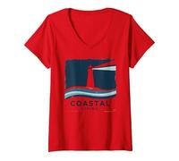 Coastal Living Lighthouse, Stampa Artistica, Decorazione Nautica Maglietta con Collo a V, Donna, Rosso, XL
