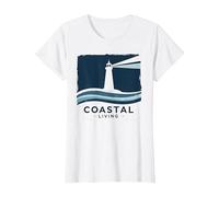 Coastal Living Lighthouse, Stampa Artistica, Decorazione Nautica Maglietta, Donna, Bianco, XL