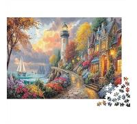 Coastal Village Scene Cardboard Lighthouse in Colorful Coastal Village at Sunset Premium Jigsaw Puzzle Giftable Family Game 70x50cm/1000pcs