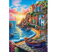 Coastal Village with A Boat at Sunset Puzzle 1000 Pezzi Rompicapo Per Tutte Le Occasioni Science Fiction Magical Dream Versatile E Divertente Rilassamento Garantito Regalo Per Compleanni E Feste 1000