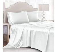 Cobedzy Set di 4 lenzuola in raso bianco per letto queen size, morbide e setose, set di biancheria da letto lussuoso, con 1 lenzuolo con angoli con tasca profonda, 1 lenzuolo piatto, 2 federe in raso