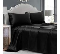 Cobedzy Set di 4 lenzuola in raso nero per letto queen size, 1 lenzuolo con angoli profondi, 1 lenzuolo piatto, 2 federe