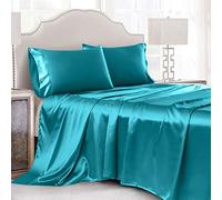 Cobedzy Set di 4 lenzuola in raso verde acqua, per letto queen size, morbide e setose, set di biancheria da letto lussuoso, con 1 lenzuolo con angoli con tasca profonda, 1 lenzuolo piatto, 2 federe in
