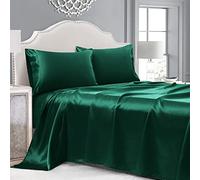 Cobedzy Set di 4 lenzuola in raso verde smeraldo per letto king size, set di lenzuola di lusso in raso di seta con 1 lenzuolo con angoli profondi, 1 lenzuolo piano morbido, 2 federe