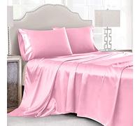Cobedzy Set di biancheria da letto queen size, 4 pezzi, in raso rosa, lussuose lenzuola in raso setoso, con 1 lenzuolo con angoli con tasca profonda, 1 lenzuolo morbido piatto, 2 federe