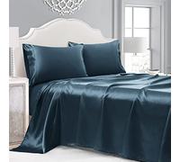 Cobedzy - Set di lenzuola per letto queen size in raso blu navy, set di biancheria da letto di lusso in raso setoso con 1 lenzuolo con angoli profondi, 1 lenzuolo piatto morbido, 2 federe