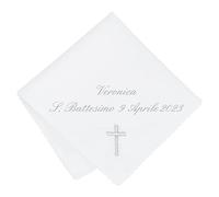 Coccole - Fazzoletto Battesimo Bimbo a Tema Croce Argento - Fazzoletto Battesimo Personalizzato con Nome e Data per Cerimonia 100% Made in Italy - Tessuto Piquet