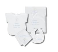 Coccole - Set 4 Pezzi per Battesimo Fazzoletto, Bavaglino, Vestina e Busta - Set Completo Personalizzato con Nome e Data a Tema Stella Azzurro - Kit 4 Pezzi Battesimo in Tessuto Piquet