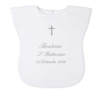 Coccole - Vestina da Battesimo a Tema Croce Argento Personalizzata con Nome e Data - Veste Bianca Battesimale in Tessuto Piquet Millerighe 100% Made in Italy