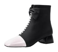 Cocey Stivaletti da donna con tacco a blocco, bicolore con decorazioni a fiocco e perline, Nero Freddo Interni, 41 EU