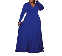 Cocila Abiti Cerimonia da Donna Abito Casual da Donna con Scollo a V Abito Lungo Largo Grande Donna grassa Tinta Unita con Scollo a V Abito Lungo a Maniche Lunghe Plus Size Abito (Blue, XXXXL)