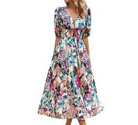 Cocila Abiti da Cerimonia Taglie Forti Abito Lungo Stampato con Scollo a V in Vita Temperamento Estivo Europeo e Americano 2024. Abito Lungo Stampato Stivali Tacco Bambina (Green, S)