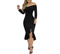 Cocila Abiti Plus Size Donna Eleganti Abito da Donna con Spalle Scoperte e Maniche Lunghe Abito da Donna con Spacco a Volant Tinta Unita Abiti Lunghi Leggeri (Black, XL)