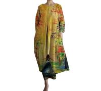 Cocila Abito Donna Elegante con Scollo a V Stampato a Maniche Lunghe con Scollo Tondo Ampio Vestito Elegante Matrimonio Estivo Corto in Cotone