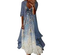 Cocila Abito Donna Elegante Viscosa Abito Tubino Ragazza Vestitino Donna Corto Manica Lunga Abiti Eleganti Bianchi Vestito Donna Taglie Comode Vestito in Maglia Donna Estivo (Blue, XXXL)