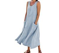 Cocila Abito Donna Estivo Vestito per Le Donne 2022 Vestito Casual alla in Lino di Cotone Solido Senza Maniche con Taschino Vestito Largo carro del Vestito Maxi Porta Abiti Viaggio