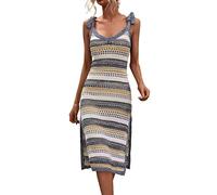 Cocila Abito Lungo da Donna in Kaftano Maxi Abito da Spiaggia da Donna con Spacco Laterale e Scollo all'Uncinetto Mare Cotone