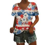 Cocila Camicetta da Donna, Elegante, A Maniche Lunghe Maglietta Casual Donna con Scollo V E Stampa Floreale della Bandiera Americana per Giorno 'Indipendenza Maglia Blusa (Blue, XL) Cotone