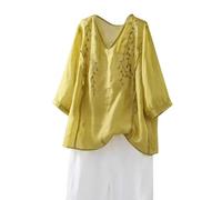 Cocila Camicetta da Donna, Elegante, A Maniche Lunghe Top Donna in Cotone E Lino, con Ricamo, Stile Ampio Letterario, retrò, Tinta Unita, Sottile, Versatile, Estivo, Nuovo. Giacca (Yellow, L)