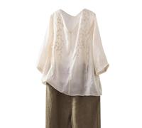 Cocila Camicetta da Donna, Elegante, A Maniche Lunghe Top Donna in Cotone E Lino, con Ricamo, Stile Ampio Letterario, retrò, Tinta Unita, Sottile, Versatile, Estivo, Nuovo. Giacca (Beige, L)