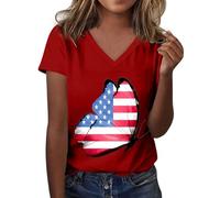 Cocila Camicetta da Donna in Cotone E Lino Ricamato Maglietta con Bandiera Americana, Cuore Patriottico, per 4 Luglio, USA Strisce, Scollo A V Camicia Etnica (Red, XL) Elegante Top Abbigliamento