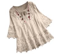 Cocila Camicia in Lino per Donna Ricamata - 3/4 Maniche Colletto Maglietta da Camicetta A Tre Quarti con Scollo V E Patchwork Pizzo Abbigliamento Camicie (White, XXL) Curvy Giacca Elegante Jeans